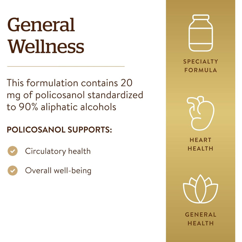 Solgar Policosanol 20 Mg, 100 Vegetable Capsules - Supports Heart Health - General Wellness - Vegan, Gluten Free, Dairy Free, Kosher - 100 Servings