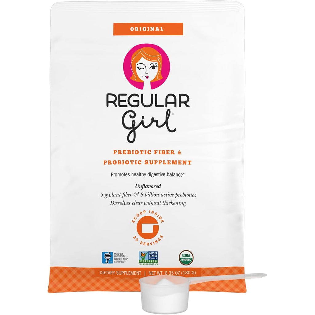 Regular Girl Organic Powder, Prebiotic Fiber Supplement and Probiotics for Women, Low FODMAP, 30 Servings, Unflavored