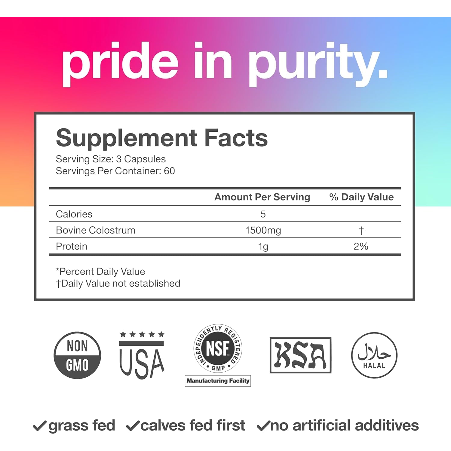 Pure Bovine Colostrum 180 Capsules - Antibiotic and Hormone Free - USA Sourced - All Natural - 100% First Milking