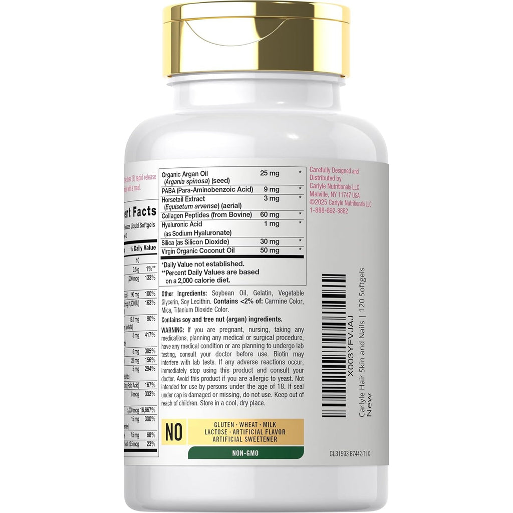 Carlyle Hair Skin and Nails Vitamin | 120 Softgels | Beauty Formula Supplement | with Biotin and Collagen Zinc, Vitamin A, B6, C & E | Non-Gmo, Gluten Free