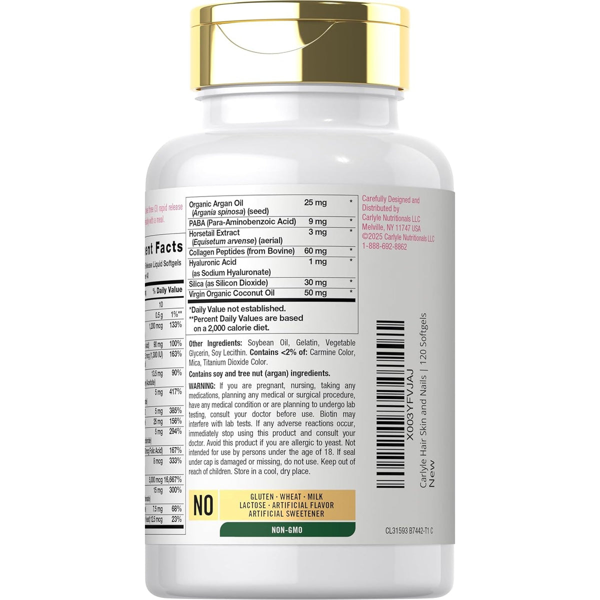 Carlyle Hair Skin and Nails Vitamin | 120 Softgels | Beauty Formula Supplement | with Biotin and Collagen Zinc, Vitamin A, B6, C & E | Non-Gmo, Gluten Free