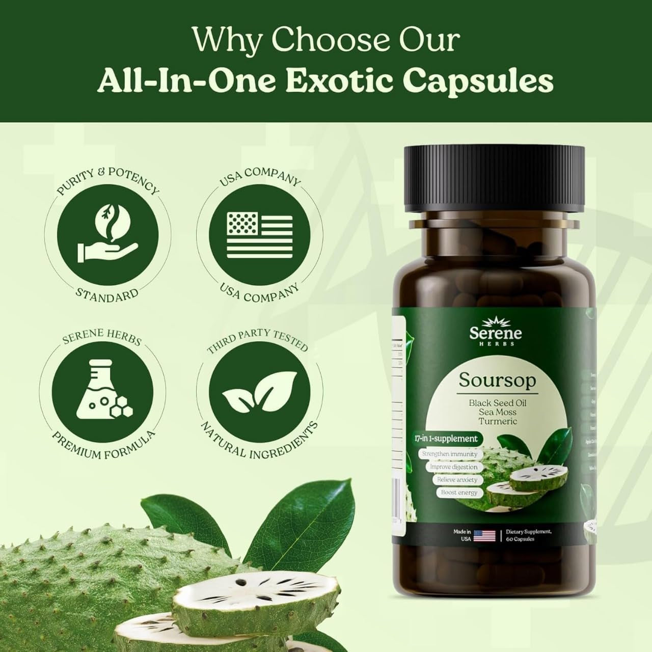 Serene Herbs 17-In-1 Sea Moss Capsules with Irish Seamoss, Black Seed Oil, Ashwagandha, Turmeric & Bladderwrack - Advanced Immunity, Energy & Gut Support - Natural Herbal Supplement - 60 Count