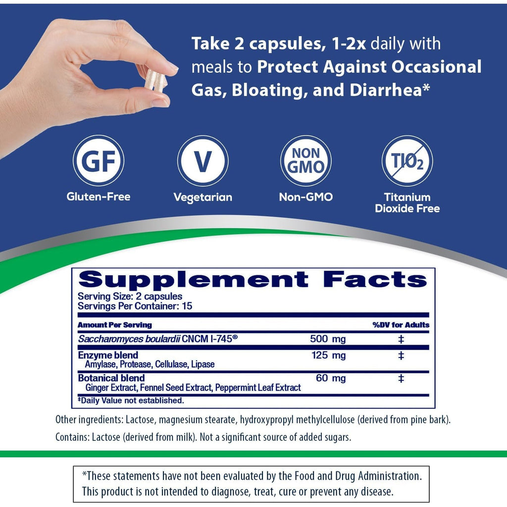Florastor Advanced Gas and Bloat Probiotic, Digestive Enzymes and Botanicals, plus Probiotics for Digestive Health, 30 Capsules (Pack of 2)