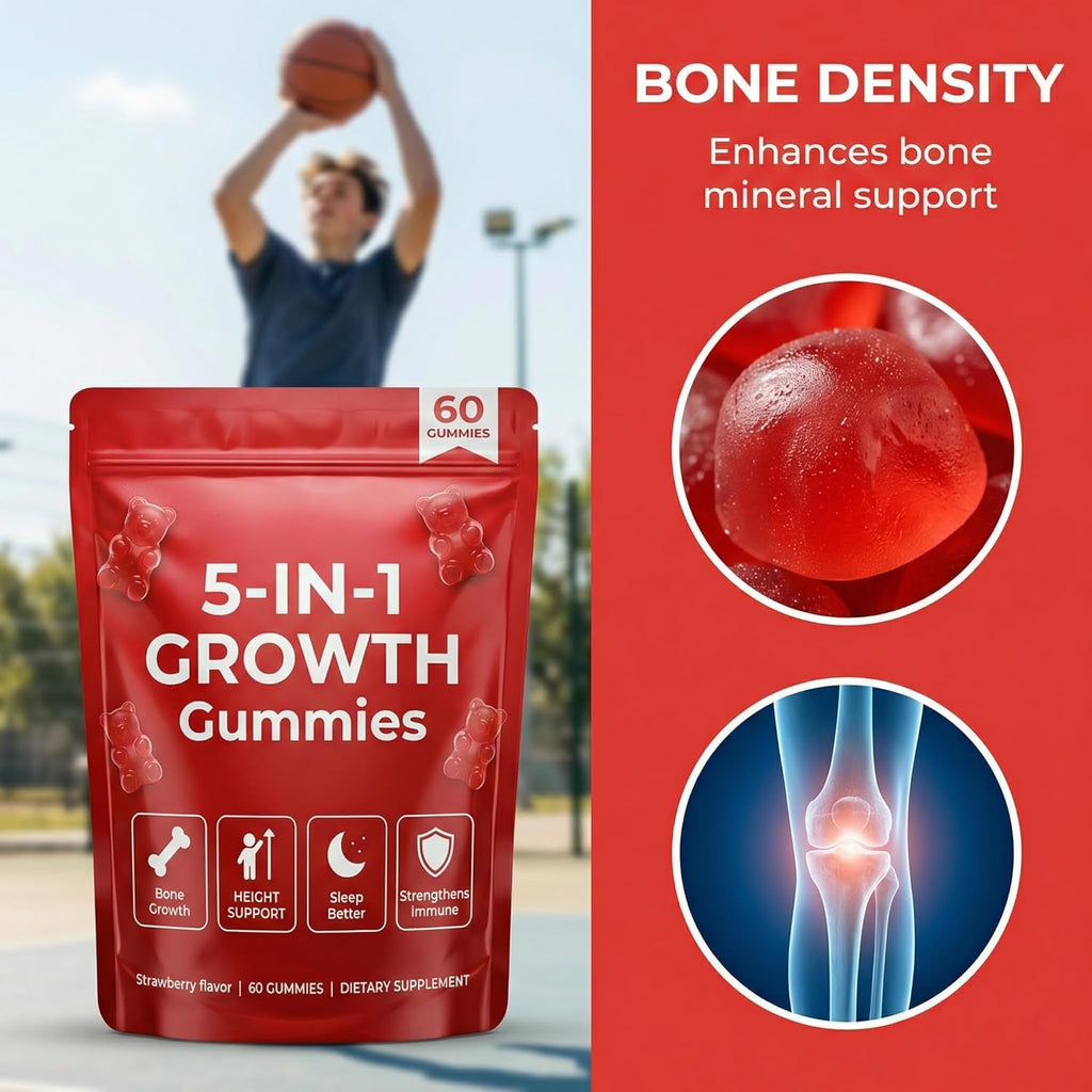 5-In-1 Growth Gummies, Supports Natural Height & Bone Development with Essential Amino Acids & D3, K2, Delicious Strawberry Flavor, 60-Count