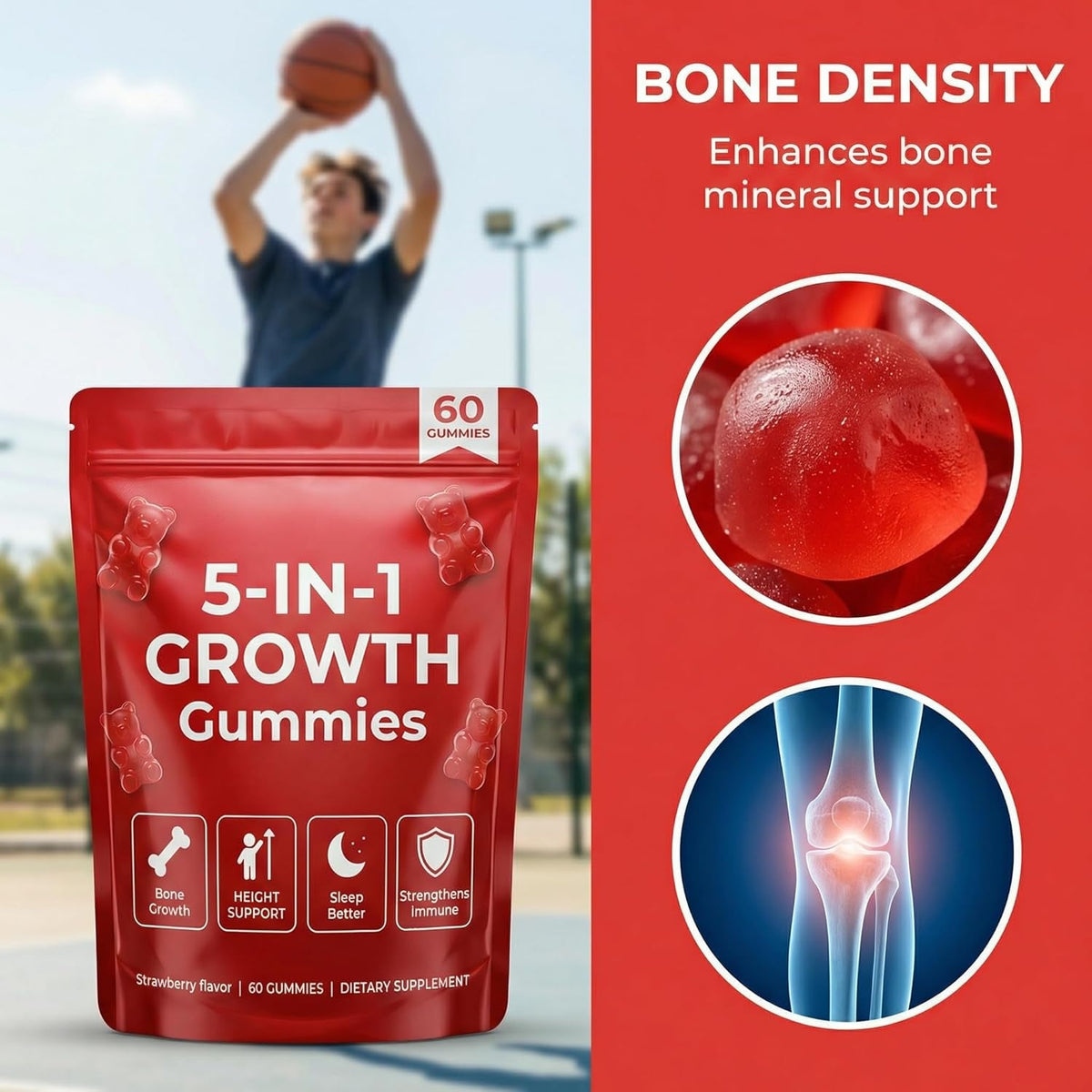 5-In-1 Growth Gummies, Supports Natural Height & Bone Development with Essential Amino Acids & D3, K2, Delicious Strawberry Flavor, 60-Count