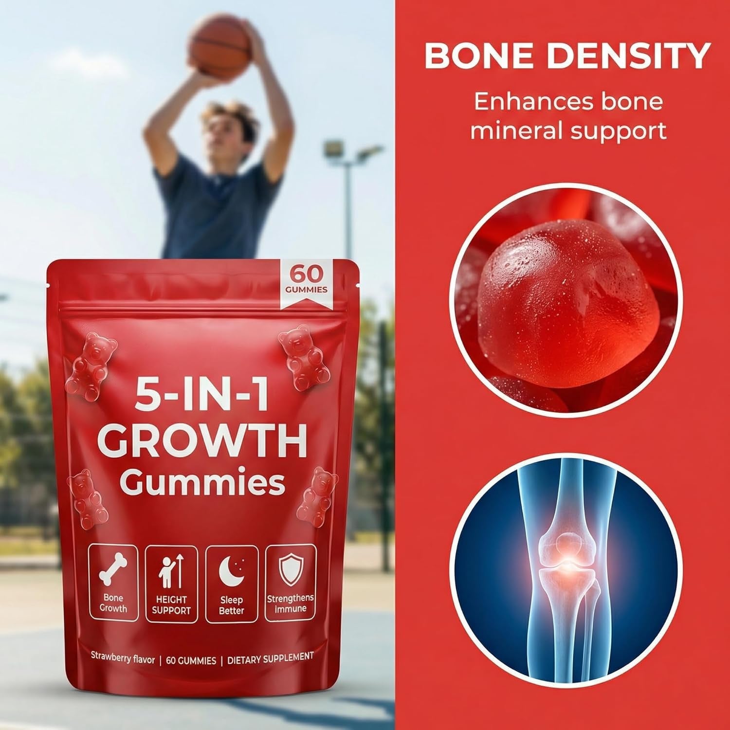 5-In-1 Growth Gummies, Supports Natural Height & Bone Development with Essential Amino Acids & D3, K2, Delicious Strawberry Flavor, 60-Count