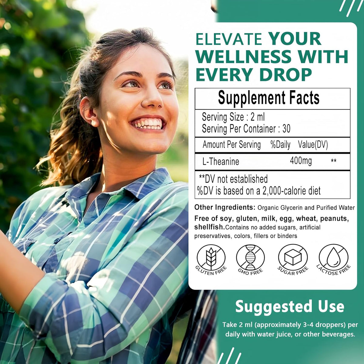 L Theanine Liquid Drops, Pure L-Theanine 400Mg for Adults and Kids, Organic High Absorption L Theanine Supplement, Natural Focus Supplement, Non-Gmo | Gluten Free | 30 Servings