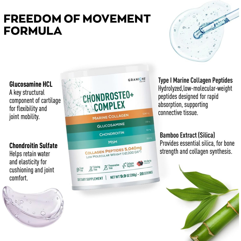 Granions Glucosamine Chondroitin MSM Powder 6,630Mg - Joint Supplements for Men and Women - Chondrosteo, Hydrolyzed Marine Collagen Peptides, Essential Vitamins Glucosamine Complex - Wild Berry 9.9Oz