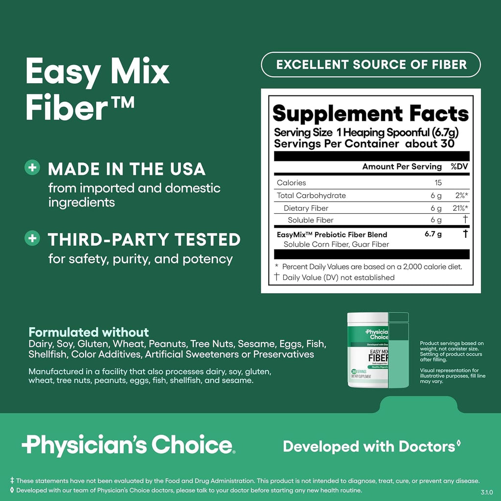 Physician'S CHOICE Easy Mix Fiber for GLP-1 Support - No Grit & Sugar Free - Daily Prebiotic Soluble Fiber Powder Supplement - Digestive Health & Regularity - for Women and Men - Unflavored - 7.1Oz