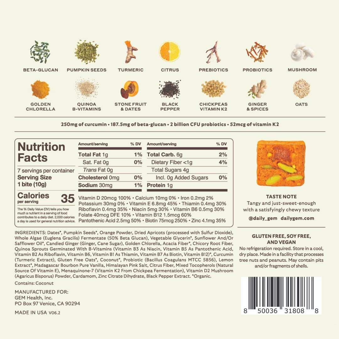 GEM Daily Bite for Women & Men, with 20+ Vitamins, Minerals, & Superfoods like Zinc, Vitamin D, B-Complex, K, Turmeric, Fiber & Prebiotics, Beta Glucan GLP-1 Support & Immunity (Citrus Ginger,7 Count)