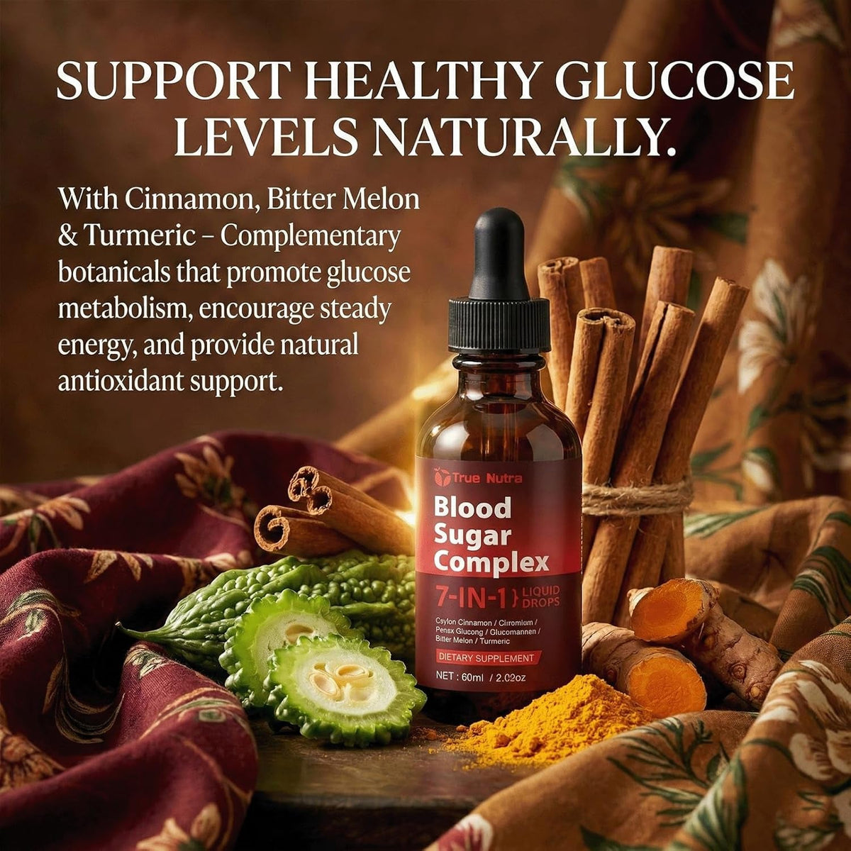 Blood Sugar Complex, 7-In-1 Formula Blood Sugar Support Supplement with Berberine, Ceylon Cinnamon, Chromium, Bitter Melon, Turmeric, Ginseng, Glucomannan (1PCS)