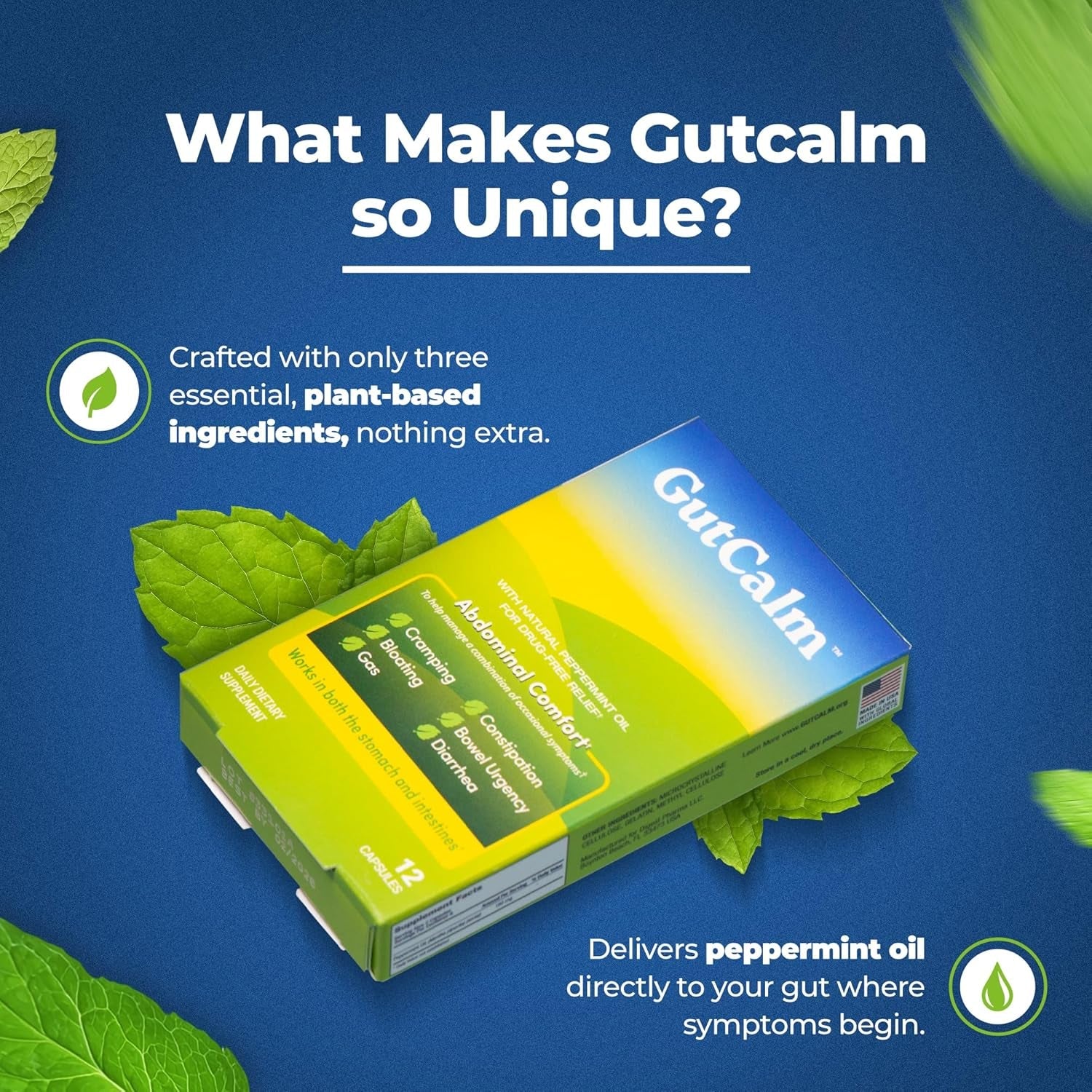 Gutcalm - IBS Relief - Peppermint Oil Capsules - Bloating, Gas, Constipation and Digestive Comfort Supplement - 12/Ct
