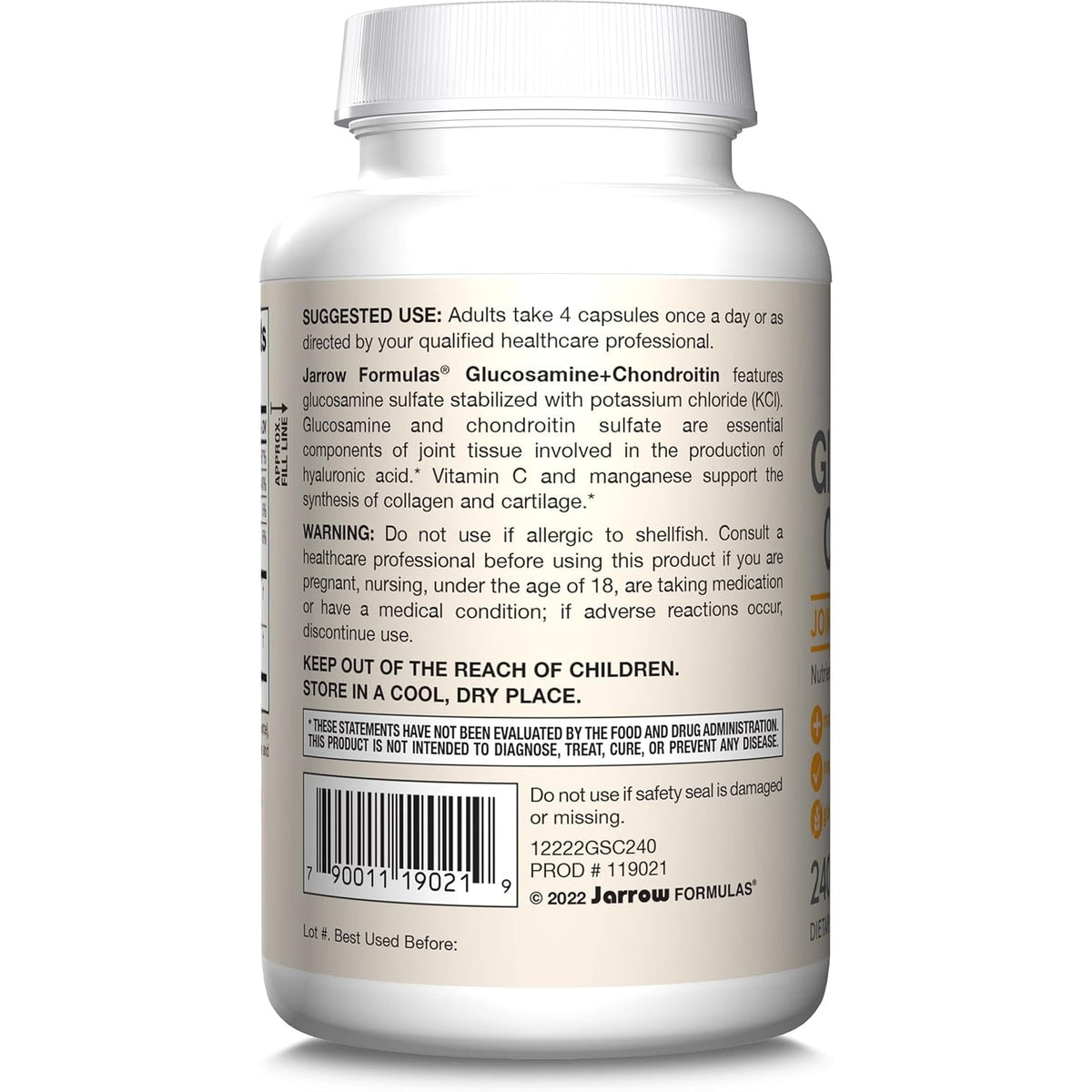Jarrow Formulas Glucosamine + Chondroitin - 240 Capsules - Nutrient Support - Dietary Supplement for Joint Health - with Vitamin C & Manganese - 60 Servings