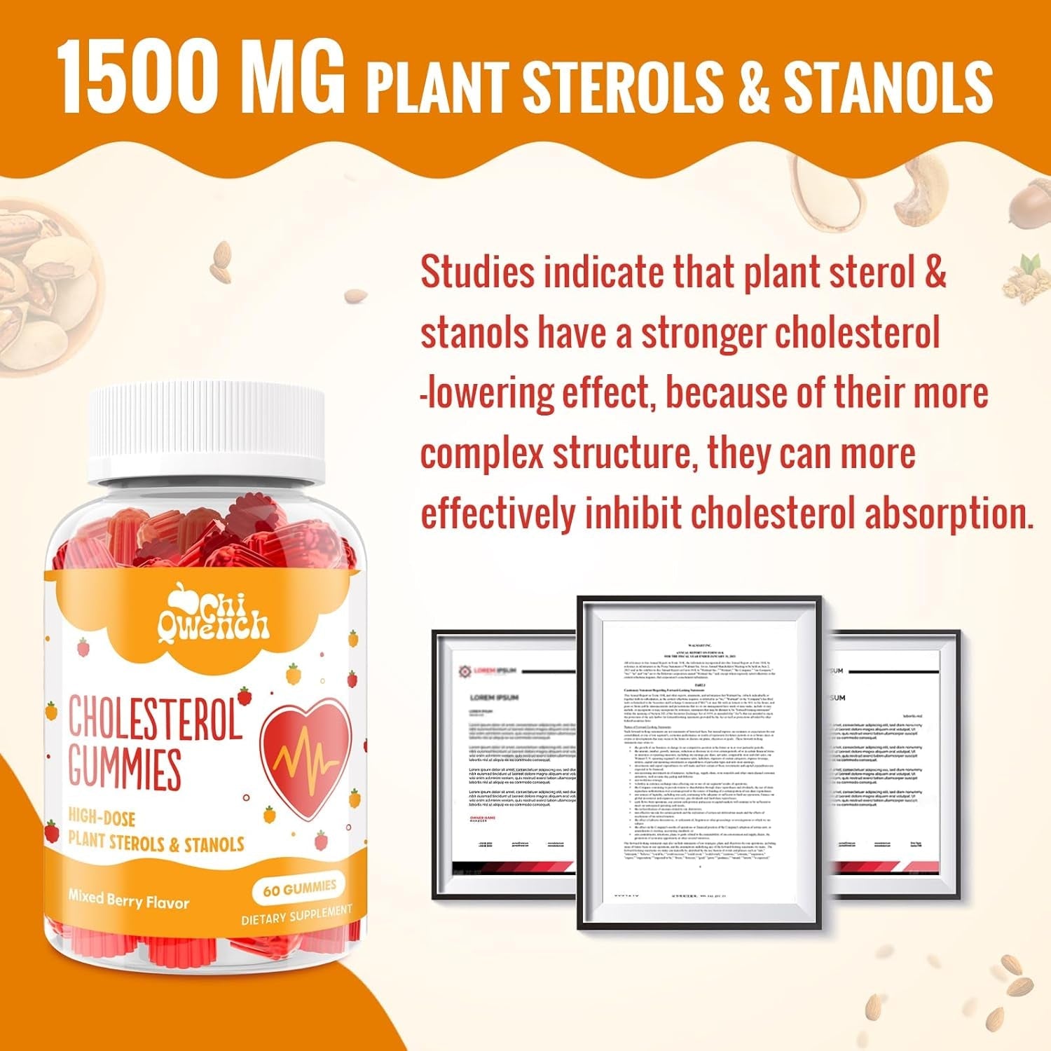 Chiqwench Cholesterol Supplements with 1500 Mg Plant Sterols & Stanols, Cholesterol Support Gummies, Cholesterol Complex Gummies, Maintains Normal Levels, Mixed Berry Flavor, 120 Count