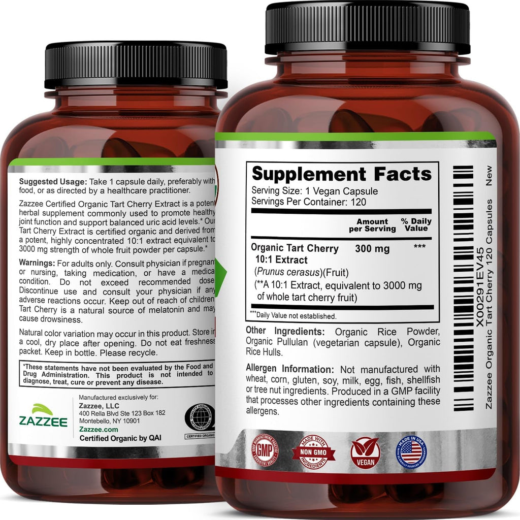 Zazzee USDA Organic Tart Cherry 10:1 Extract, 120 Vegan Capsules, 4 Month Supply, Montmorency Cherry, Daily Wellness Antioxidant Support, Organic Herbal Supplement, All-Natural, Non-Gmo, Made in USA