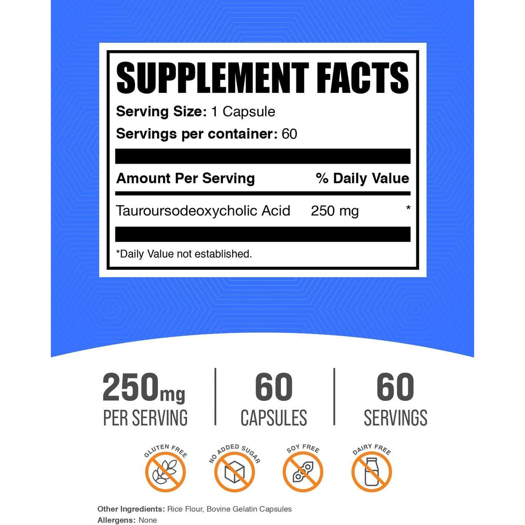 Bulksupplements.Com TUDCA Capsules - TUDCA Supplement, Tauroursodeoxycholic Acid, TUDCA 250Mg for Liver Support - Gluten Free, 1 Capsule per Serving, 60 Capsules (Pack of 1)
