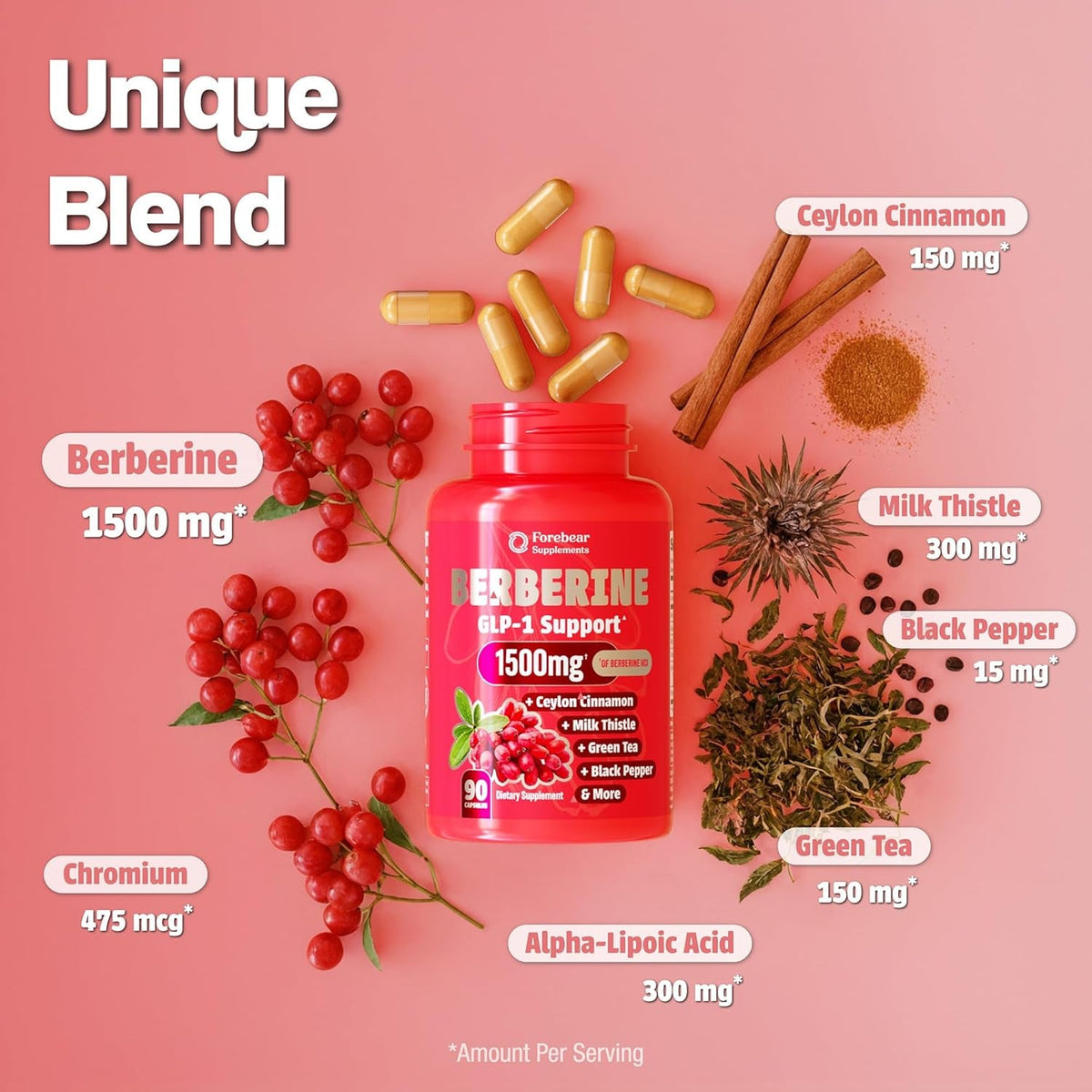 Berberine 1500Mg GLP-1 Weight Loss Supplement Pills for Women & Men - Appetite Suppressant with Ceylon Cinnamon, Milk Thistle, Chromium Picolinate, Green Tea & Alpha Lipoic Acid - 90 Veggie Capsules
