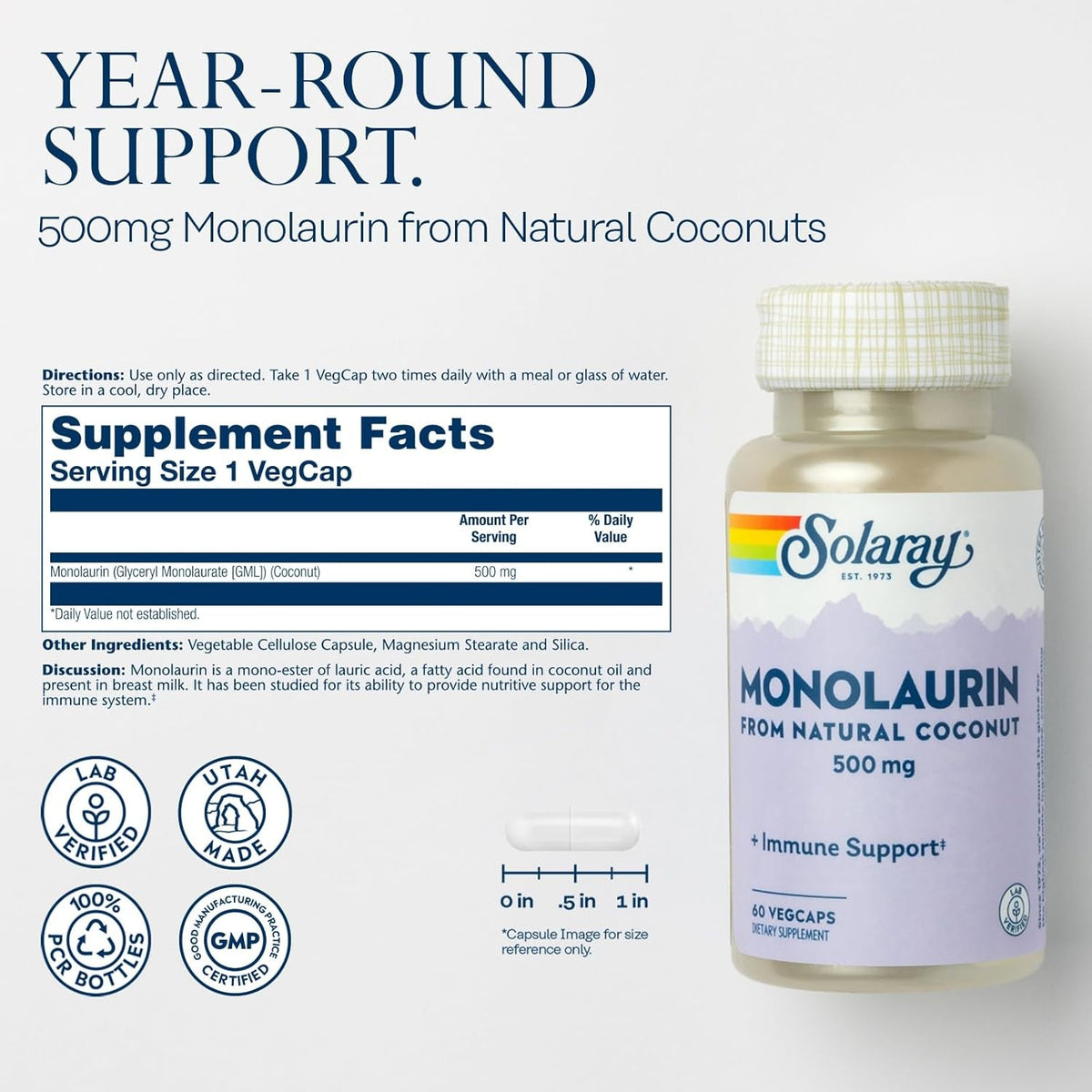 SOLARAY Monolaurin 500Mg from Natural Coconut - Monolaurin Supplement for Powerful Nutritive Support - Lab Verified - 60 Servings, 60 Vegcaps