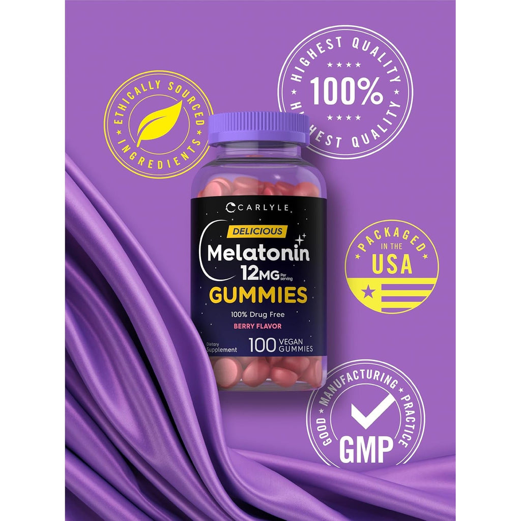 Carlyle Melatonin Gummies 12Mg | 100 Count | Berry Flavor | Vegan Supplement | Non-Gmo, Gluten Free