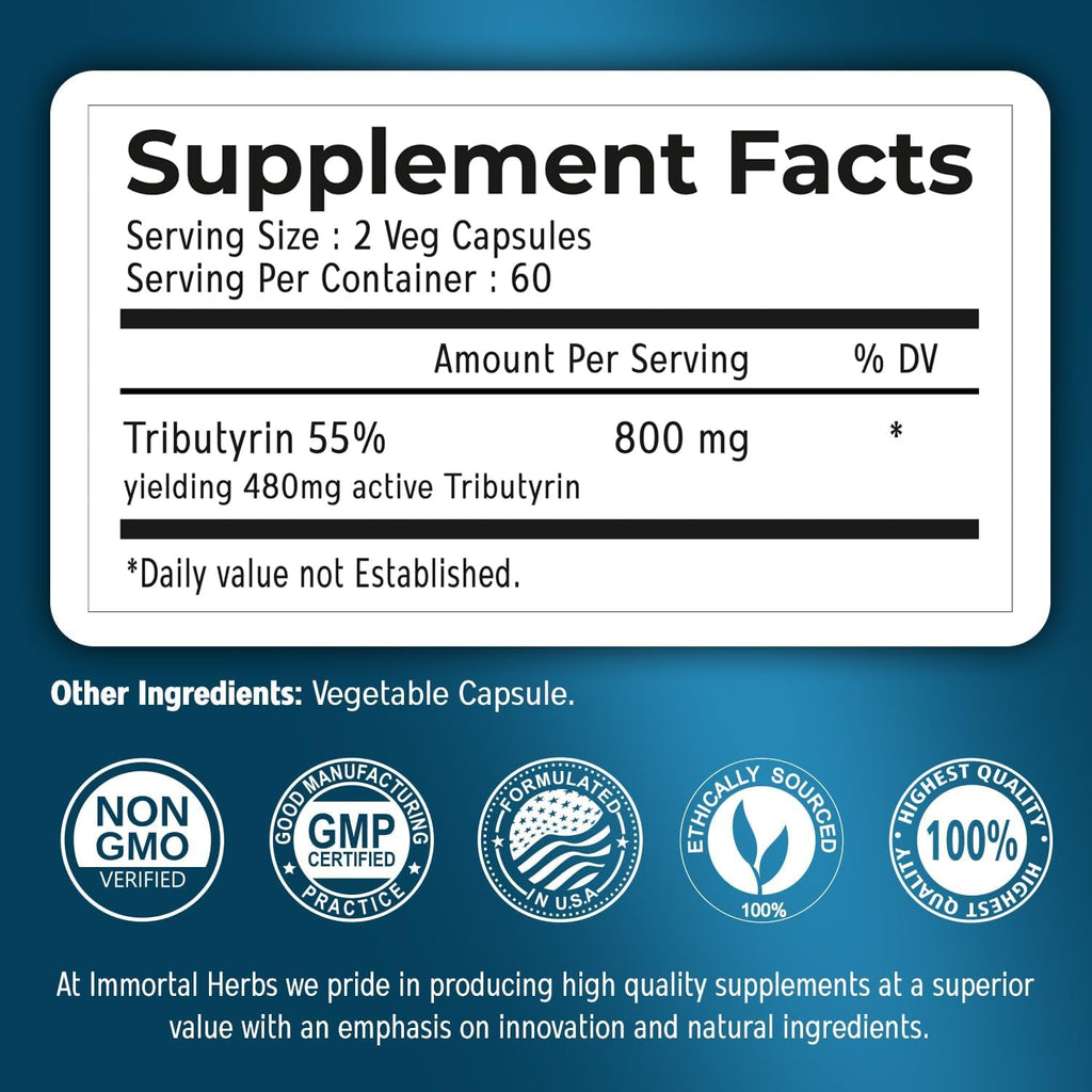 Tributyrin Supplement 800Mg, Advanced Butyrate Form, 55% Standardized, More Effective Delivery than Sodium Butyrate, 120 Capsules, Non-Gmo & Gluten Free Postbiotic Supplement