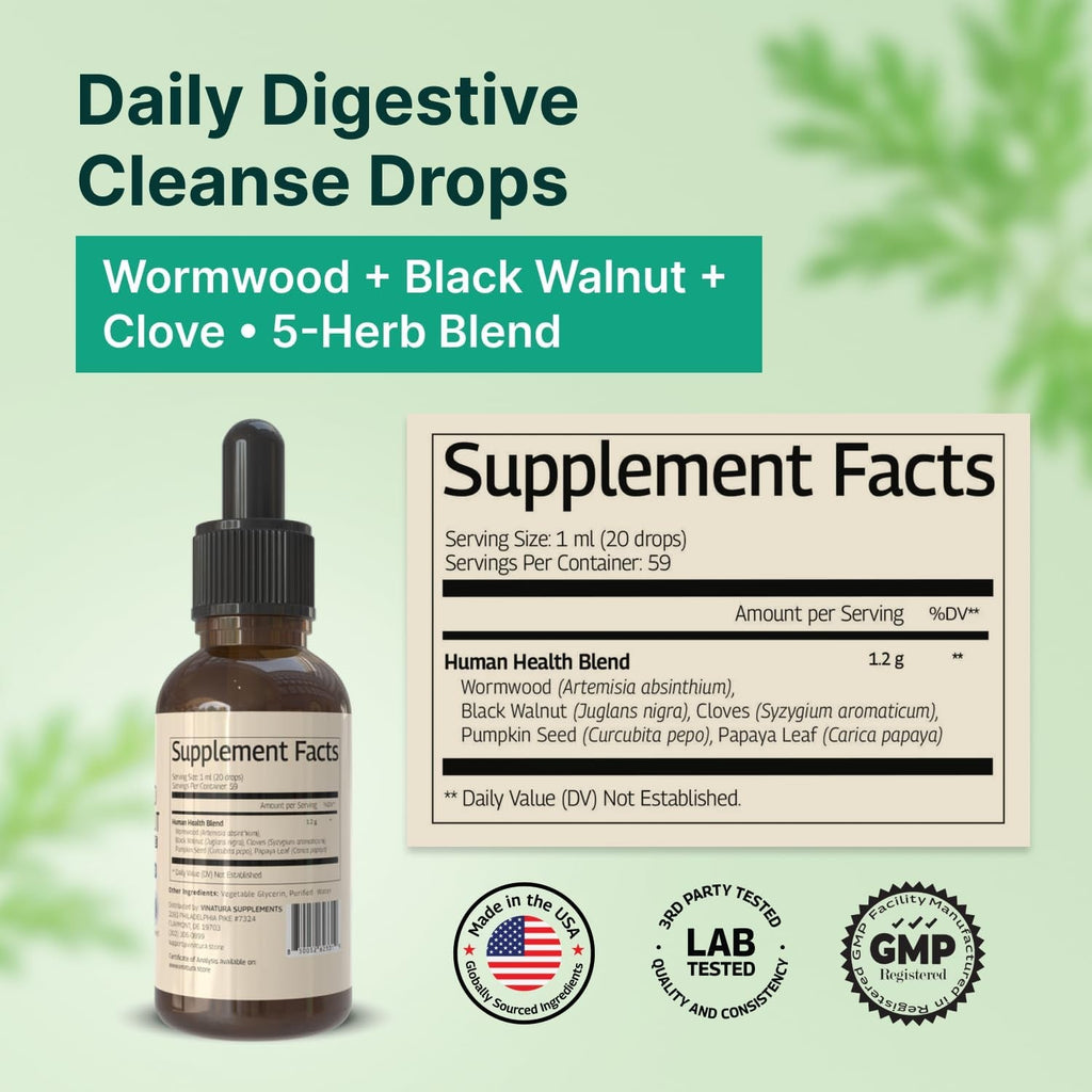 VINATURA Wormwood Black Walnut Cloves Liquid - Cleanse, Detox for Humans with Papaya Leaf and Pumpkin Seed, Intestinal Guard Formula Supplement - 2 Fl Oz