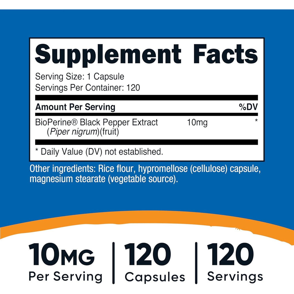 Nutricost Bioperine (Black Pepper Extract), 10Mg per Serving, 120 Capsules - Gluten-Free