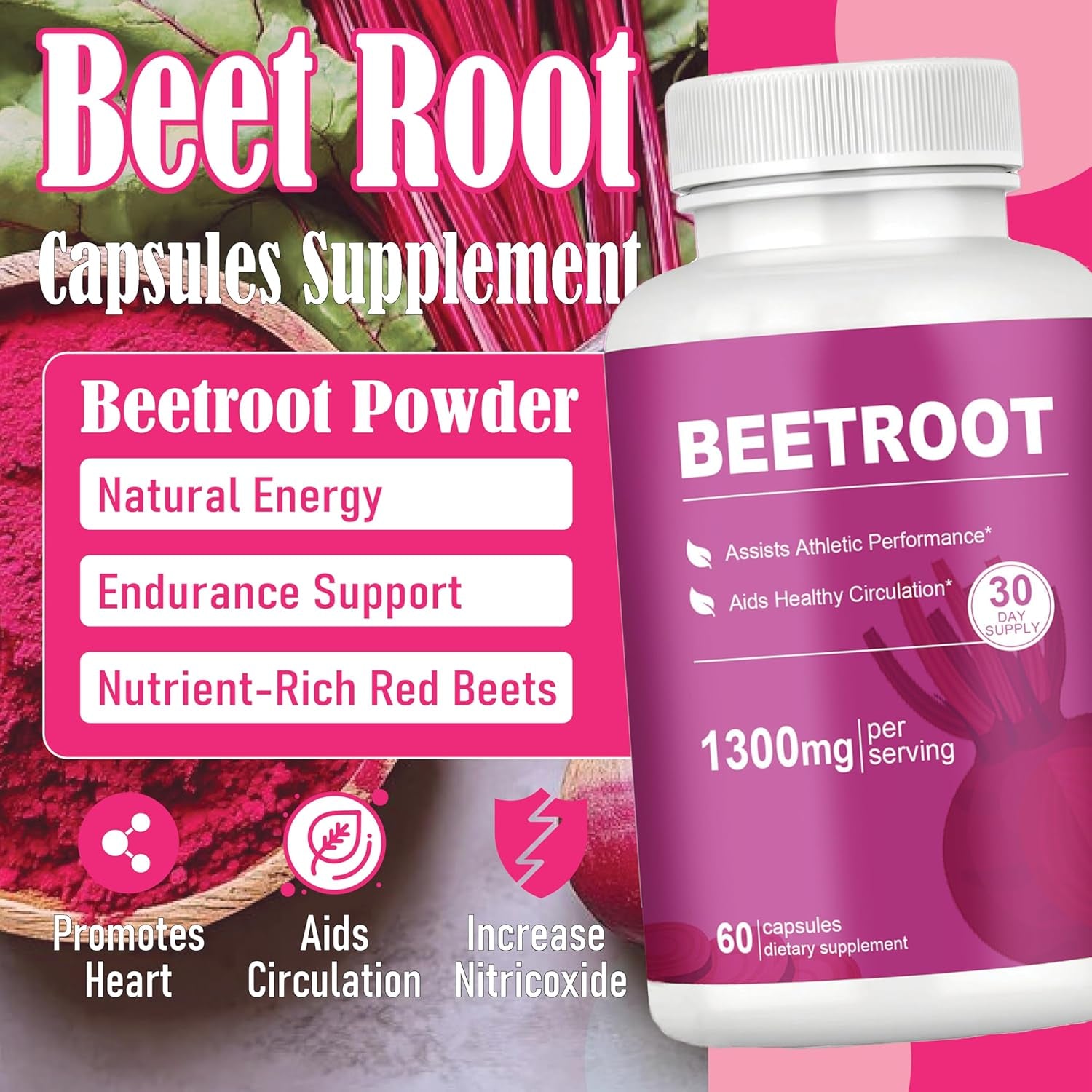 Beet Root Capsules – 1300Mg Beetroot Powder for Natural Energy & Endurance Support, Non-Gmo, 60 Capsules, 30-Day Supply (1Pc)