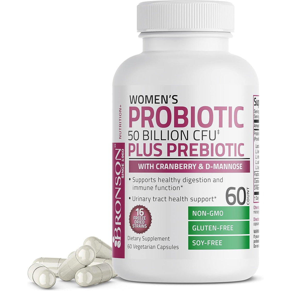 Bronson Women'S Probiotic 50 Billion CFU + Prebiotic with Cranberry & D-Mannose – Vaginal Health, Healthy Digestion, Immune Function and Urinary Tract Support, Non-Gmo, 60 Vegetarian Capsules