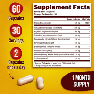 Testosterone Booster for Men - Male Enhancing Supplement for Muscle Growth, Energy, Strength & Recovery - Ashwagandha, Tongkat Ali, DIM, Zinc, Tribulus - Helps Improve Fast Acting Blood Flow - 60Ct