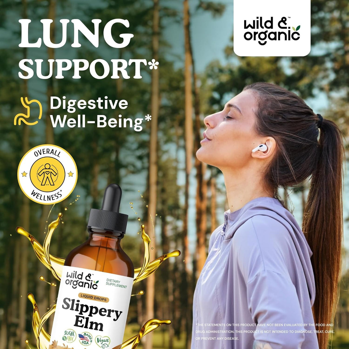 Wild & Organic Slippery Elm Liquid Drops - Lung, Digestive & Women'S Support - Slippery Elm Bark Supplement - Add to Tea Tincture - Ulmus Rubra Herb - Vegan, Sugar & Alcohol-Free - 4 Fl Oz