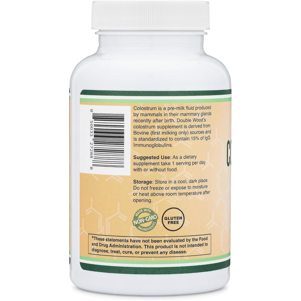 Colostrum Supplement 120 Capsules, 1,000Mg per Serving (Bovine Colostrum Powder from First Milking Only, Std. to Contain 15% Igg Immunoglobulins) No Fillers, Third Party Tested by Double Wood