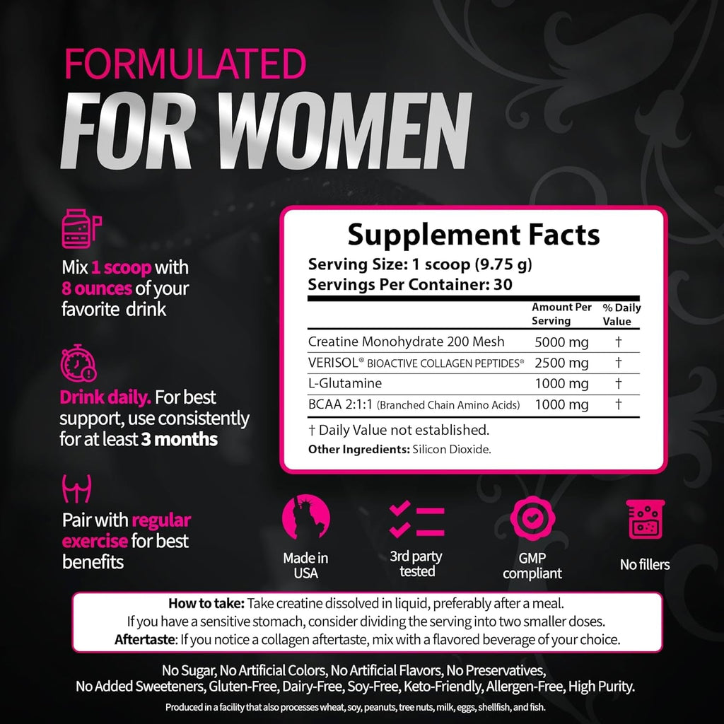 Bold Buns Creatine for Women – Supplement with Collagen & BCAA – Supports Muscle Development, Post-Workout Recovery, Skin Elasticity, Healthy Hair & Nail (30 Servings, Unflavored)