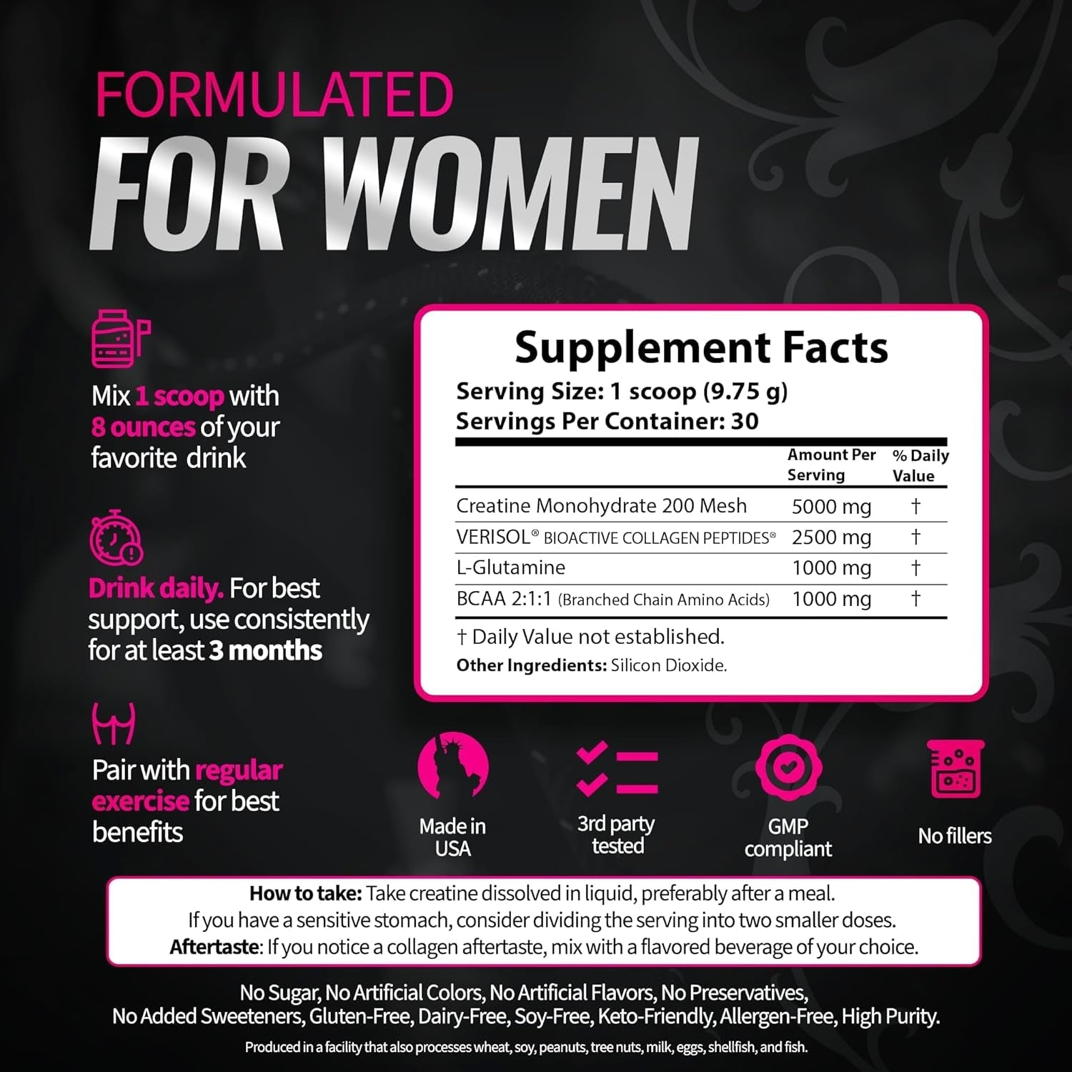 Bold Buns Creatine for Women – Supplement with Collagen & BCAA – Supports Muscle Development, Post-Workout Recovery, Skin Elasticity, Healthy Hair & Nail (30 Servings, Unflavored)