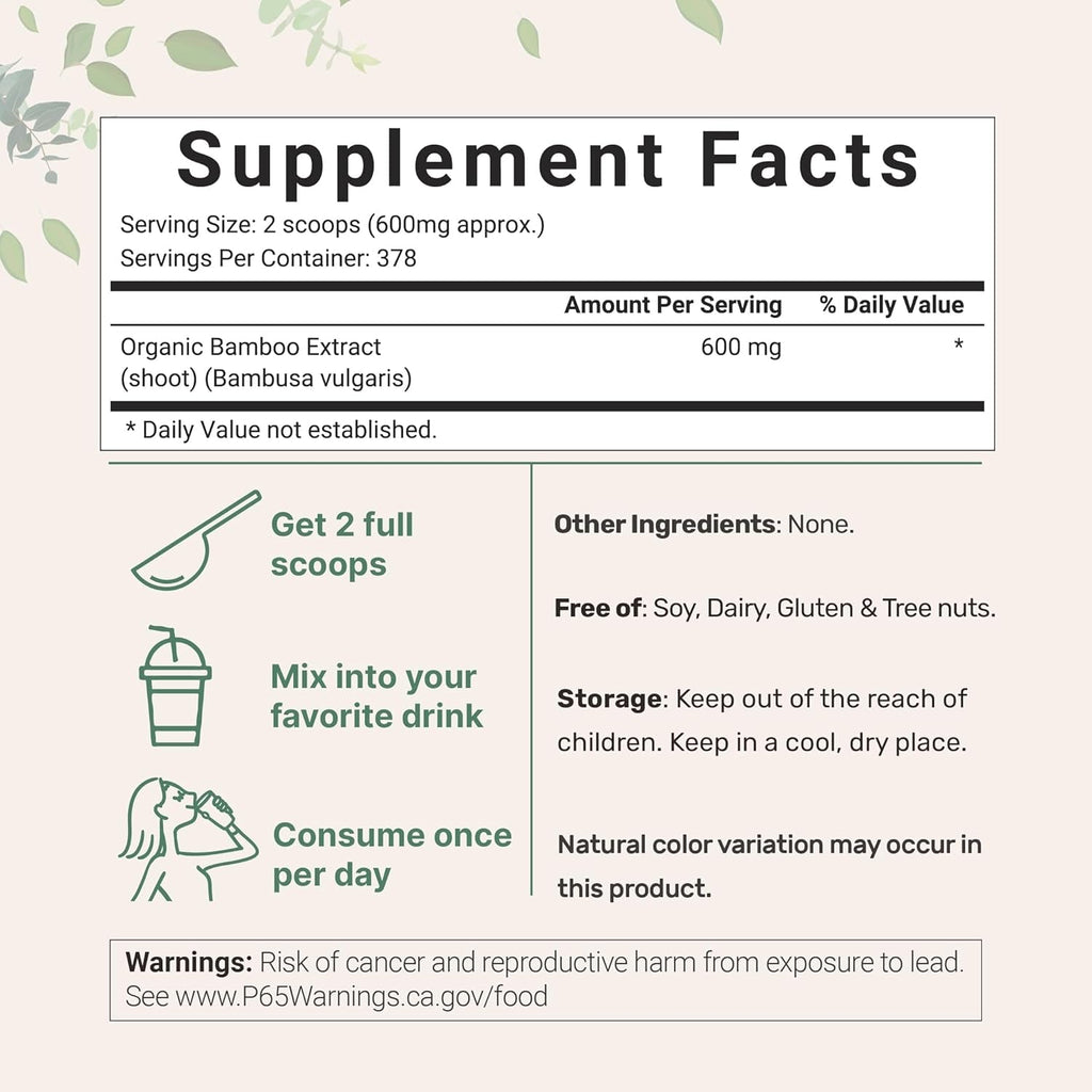 Micro Ingredients Organic Bamboo Extract Powder, 8Oz (378 Servings) | Bamboo Plant Silica & Mineral Supplements | Natural Stem & Leaf Extract | Non-Gmo, Gluten Free, Vegan Friendly