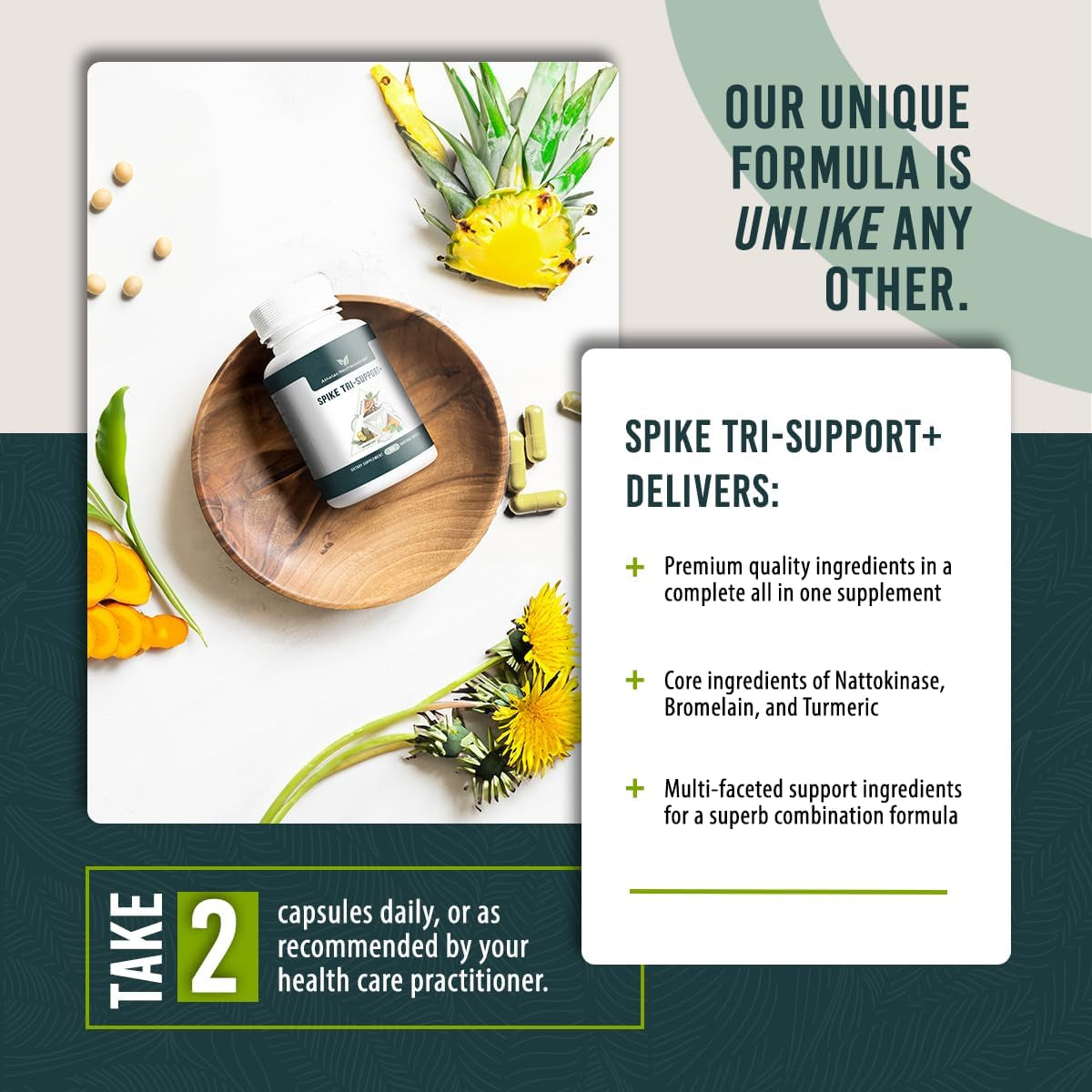 Spike Tri-Support+ with Nattokinase, Bromelain, and Turmeric - Includes Dandelion Extract, Black Seed Extract, Green Tea Leaf, Selenium for a Full Spectrum Spike Support Supplement