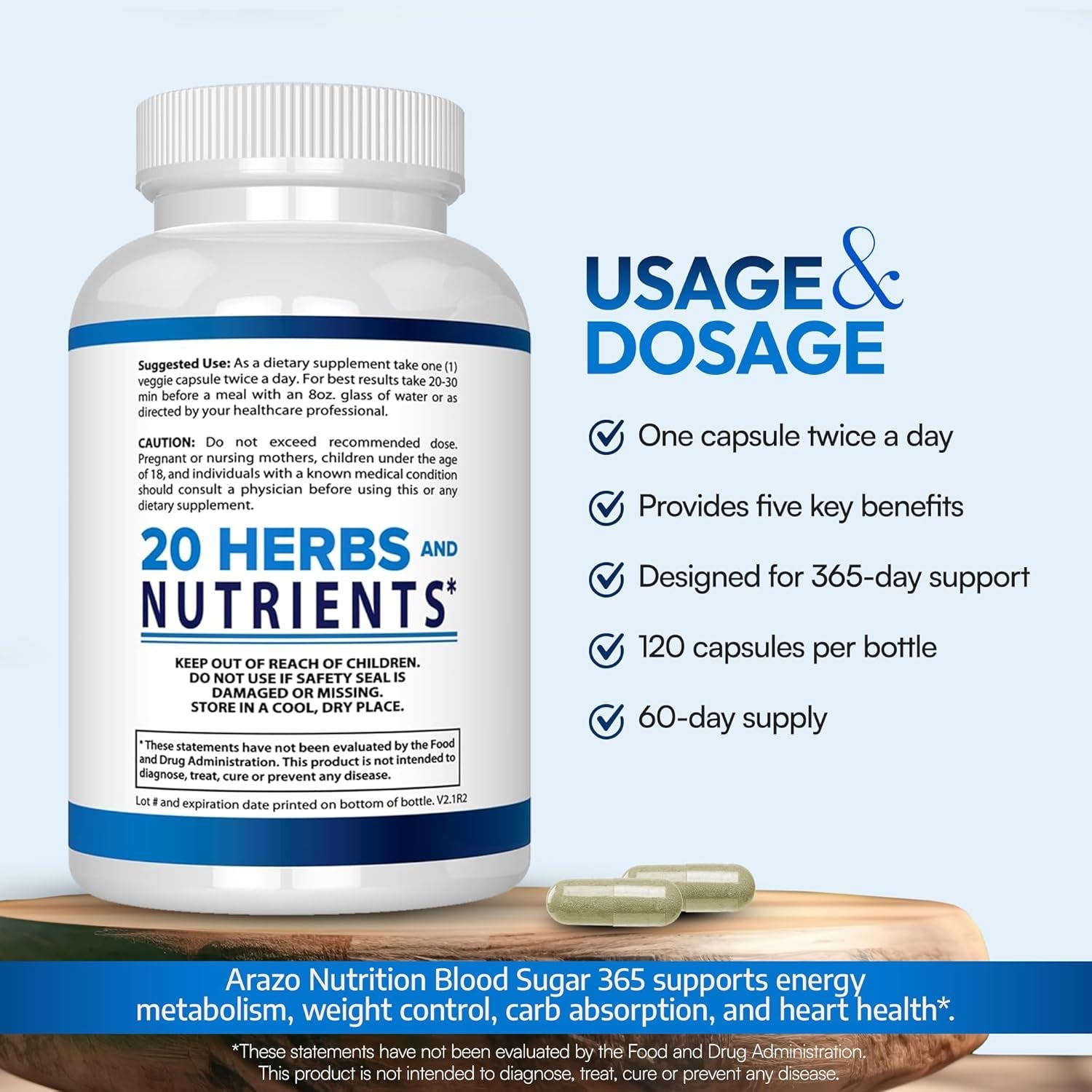 Arazo Nutrition Blood Sugar 365 Supplement – Supports Healthy Energy Levels - 120 Herbal Pills - 60 Day Supply