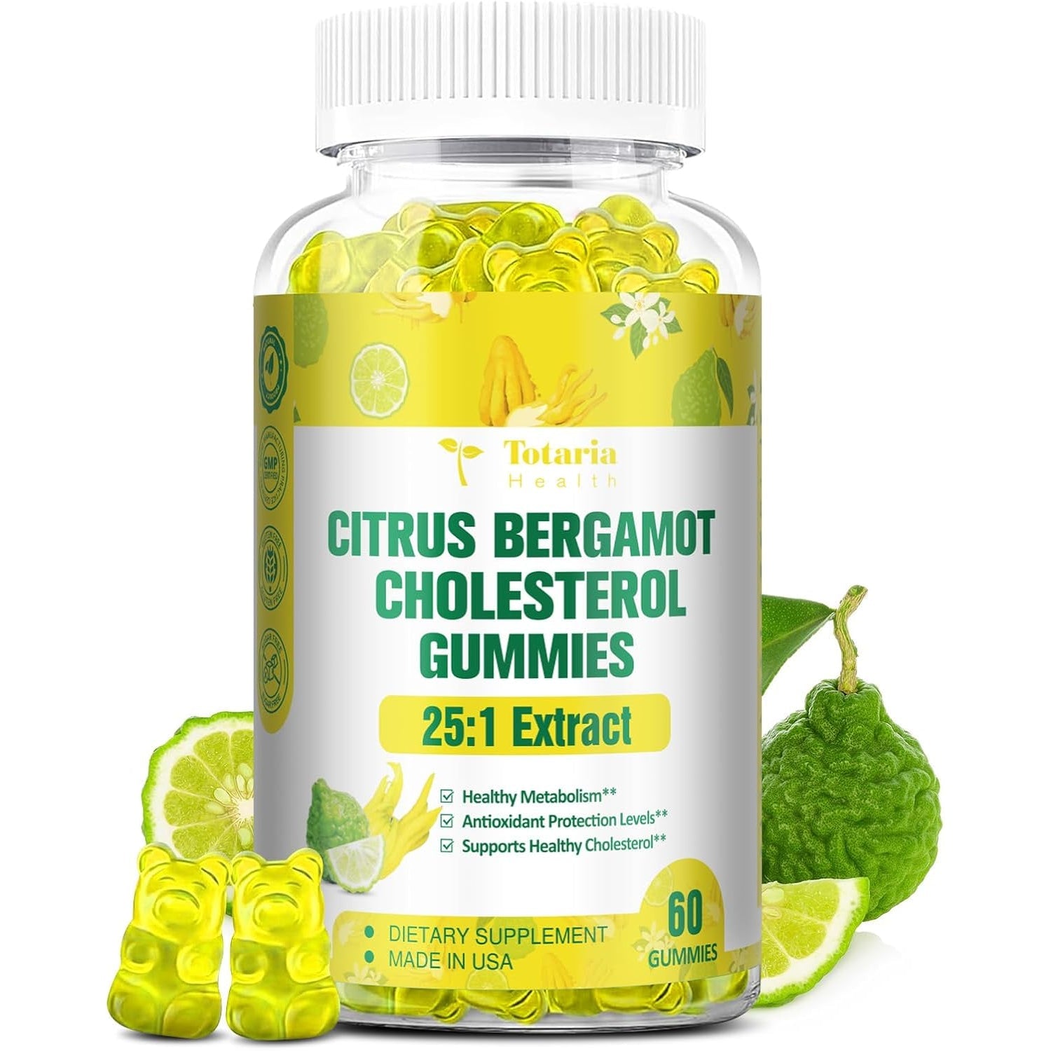 Sugar Free Citrus Bergamot Gummies - All Natural Supplements 25:1 Extract from Italian Bergamot Supplement for Healthy Anti-Aging Sugar-Free Vegan