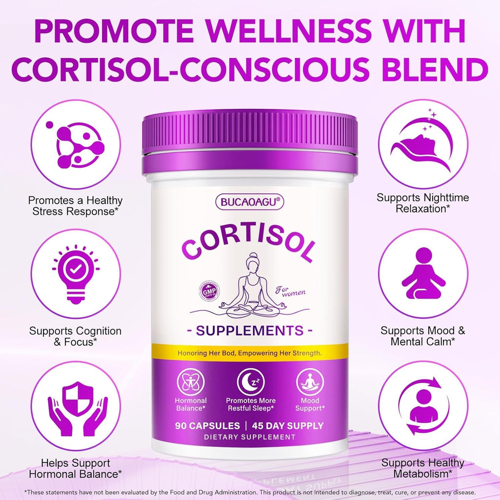 Cortisol Supplements for Women - Cortisol Reducer & Stress Support - Magnolia Bark, Rhodiola Rosea, Holy Basil, Magnesium, Phosphatidylserine - Hormone Balance & Mood, Focus, Sleep Support