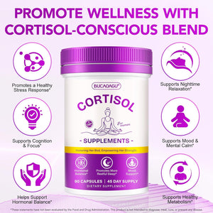 Cortisol Supplements for Women - Cortisol Reducer & Stress Support - Magnolia Bark, Rhodiola Rosea, Holy Basil, Magnesium, Phosphatidylserine - Hormone Balance & Mood, Focus, Sleep Support