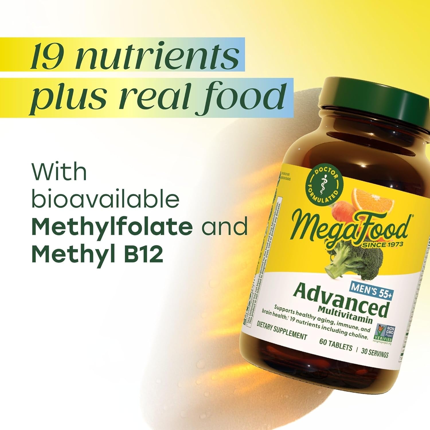 Megafood Advanced Multivitamin for Men 55+, Mens Multivitamins 50 Plus, Methylated B12, Methyl Folate, Choline, Vitamin D, Brain & Muscle Health, Immune Support, Vegetarian - 120 Tablets (60 Servings)