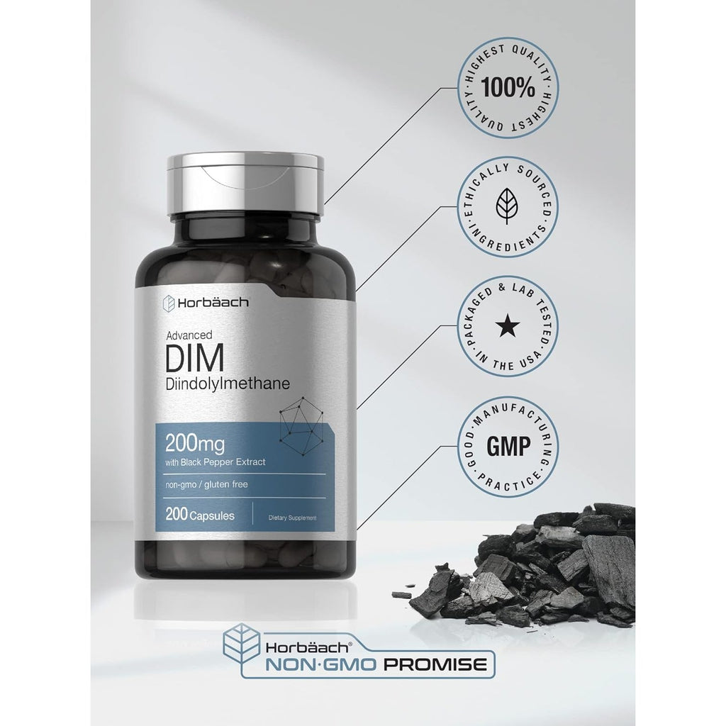 Horbäach DIM Supplement 200Mg | 200 Capsules | with Black Pepper Extract | Advanced Diindolylmethane for Women and Men | Non-Gmo, Gluten Free