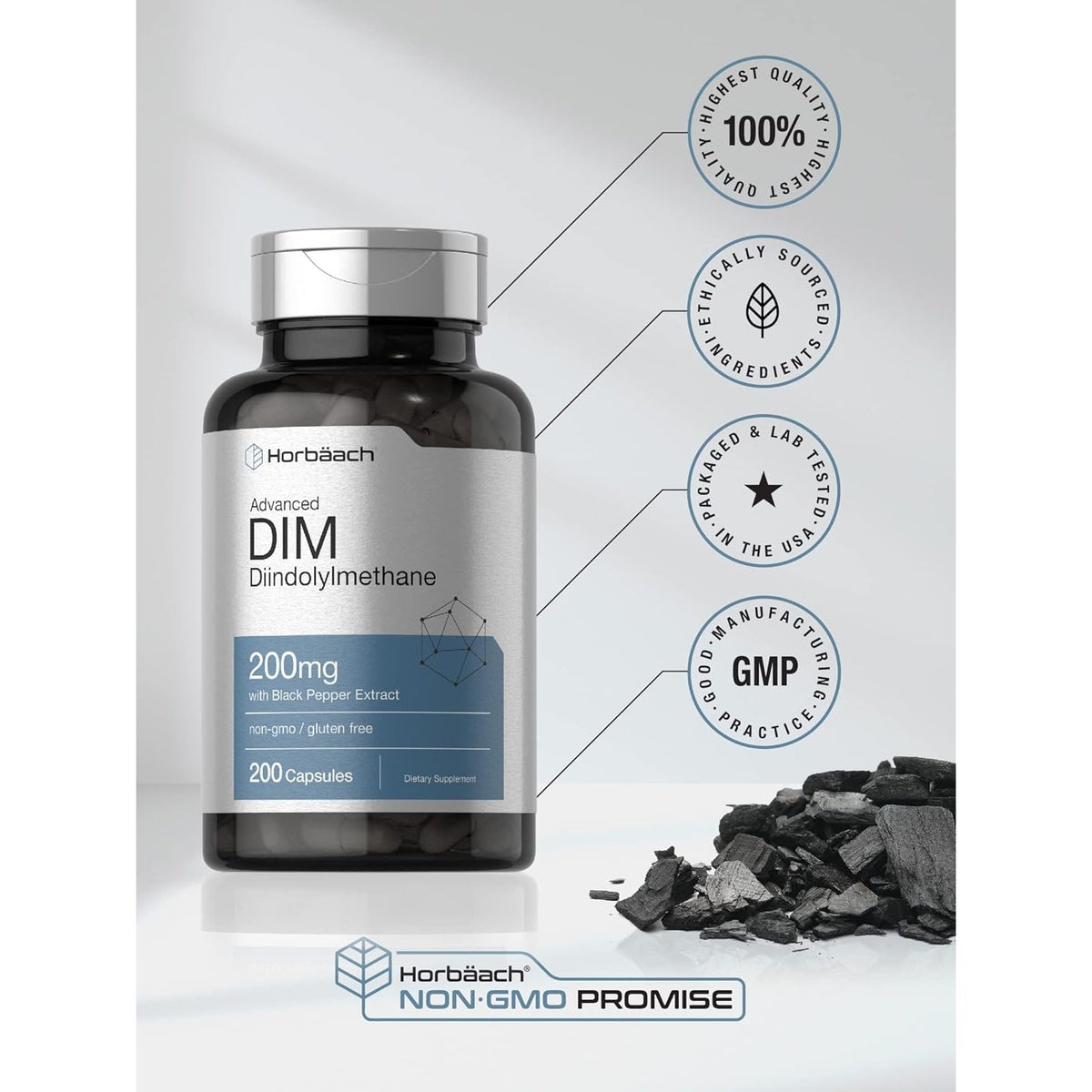 Horbäach DIM Supplement 200Mg | 200 Capsules | with Black Pepper Extract | Advanced Diindolylmethane for Women and Men | Non-Gmo, Gluten Free