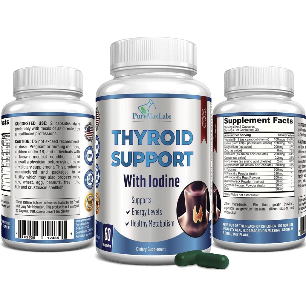Thyroid Support with Iodine - Metabolism Booster, Energy Booster, Increase Focus - Premium Non-Gmo Thyroid Supplement 60 Capsules