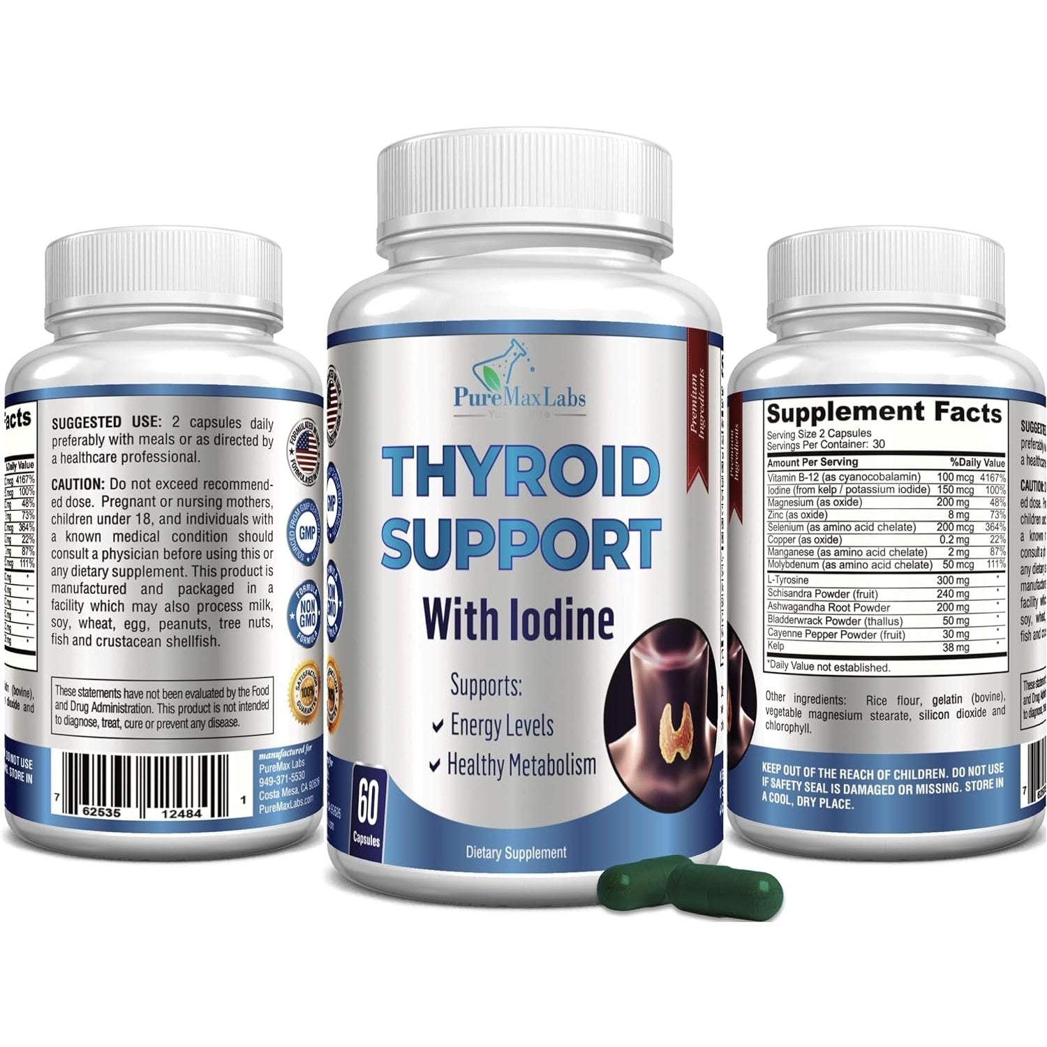 Thyroid Support with Iodine - Metabolism Booster, Energy Booster, Increase Focus - Premium Non-Gmo Thyroid Supplement 60 Capsules