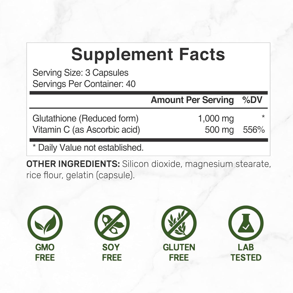 Glutathione Supplement 1,000Mg per Serving, 98% Purity | plus Vitamin C 500Mg, Active Reduced Form (GSH) | Intracellular Antioxidant – Supports Detoxification & Immune Health