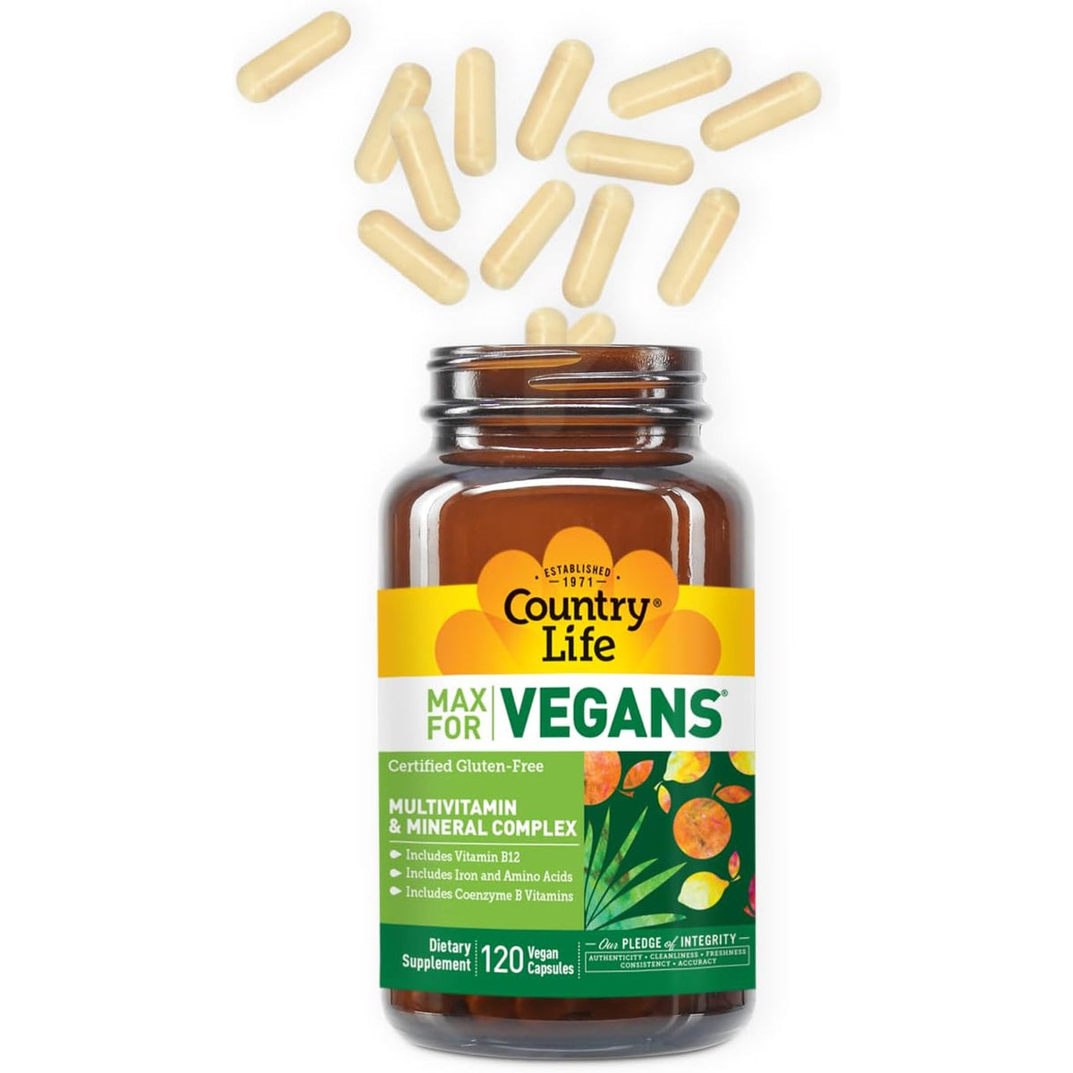 Country Life Max for Vegans - 120 Vegan Capsules - Daily Multivitamins - Immune Support Supplement - Contains Vitamin B12, Iron, Amino Acids, Coenzyme B Vitamins - Gluten-Free