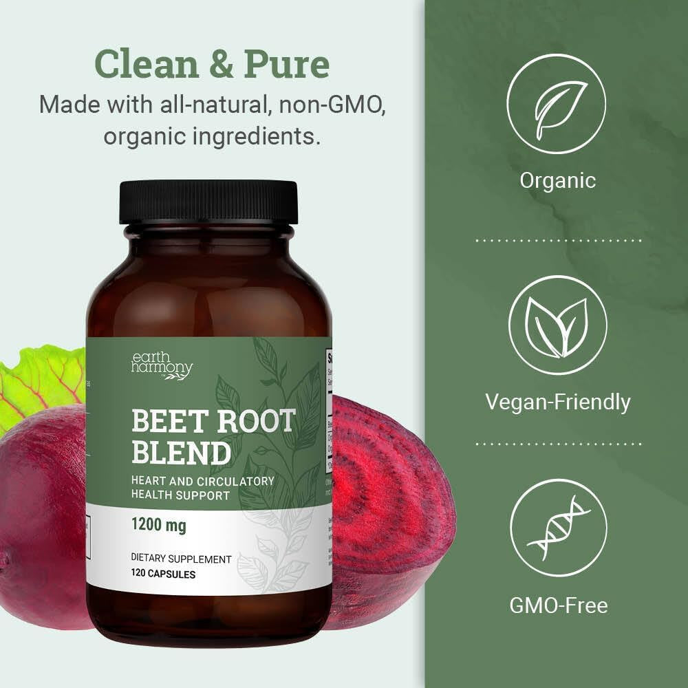 Earth Harmony Naturals Organic Beet Root Capsules 1200 Mg - Beet Root Powder & Juice Blend Supplement for Men and Women - 120 Capsules