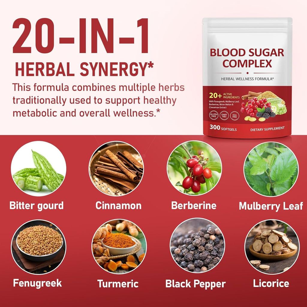 300 Softgels Blood Sugar Complex Supplement | 20+ Active Herbs-Berberine, Ceylon Cinnamon, Bitter Melon, Mulberry Leaf, Fenugreek, Vitamins for Energy Level, Vitality Support | Clean Formula
