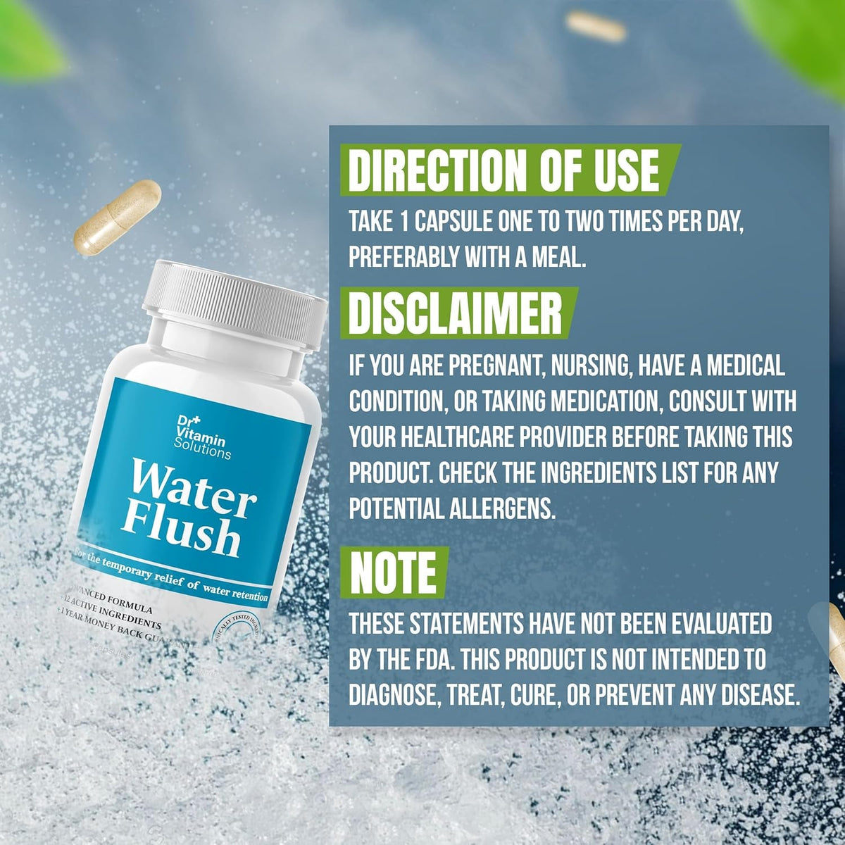 Diuretic Water Pills for Weight Control, 12 Active Ingredients (Green Tea, Cranberry & More), Instant Relief from Bloat & Swelling, Water Retention Pills for Women & Men - 60 Capsules