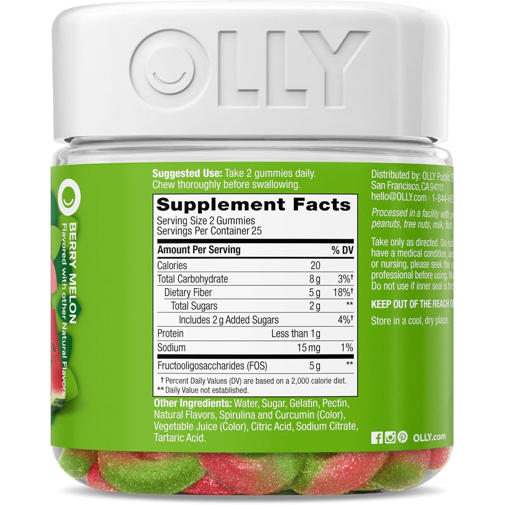 Olly, Fiber Gummy Rings, 5G Fos Prebiotic Fiber, Digestive Health Supplement,* Strawberry Watermelon Flavored, 25 Day Supply, 50 Count